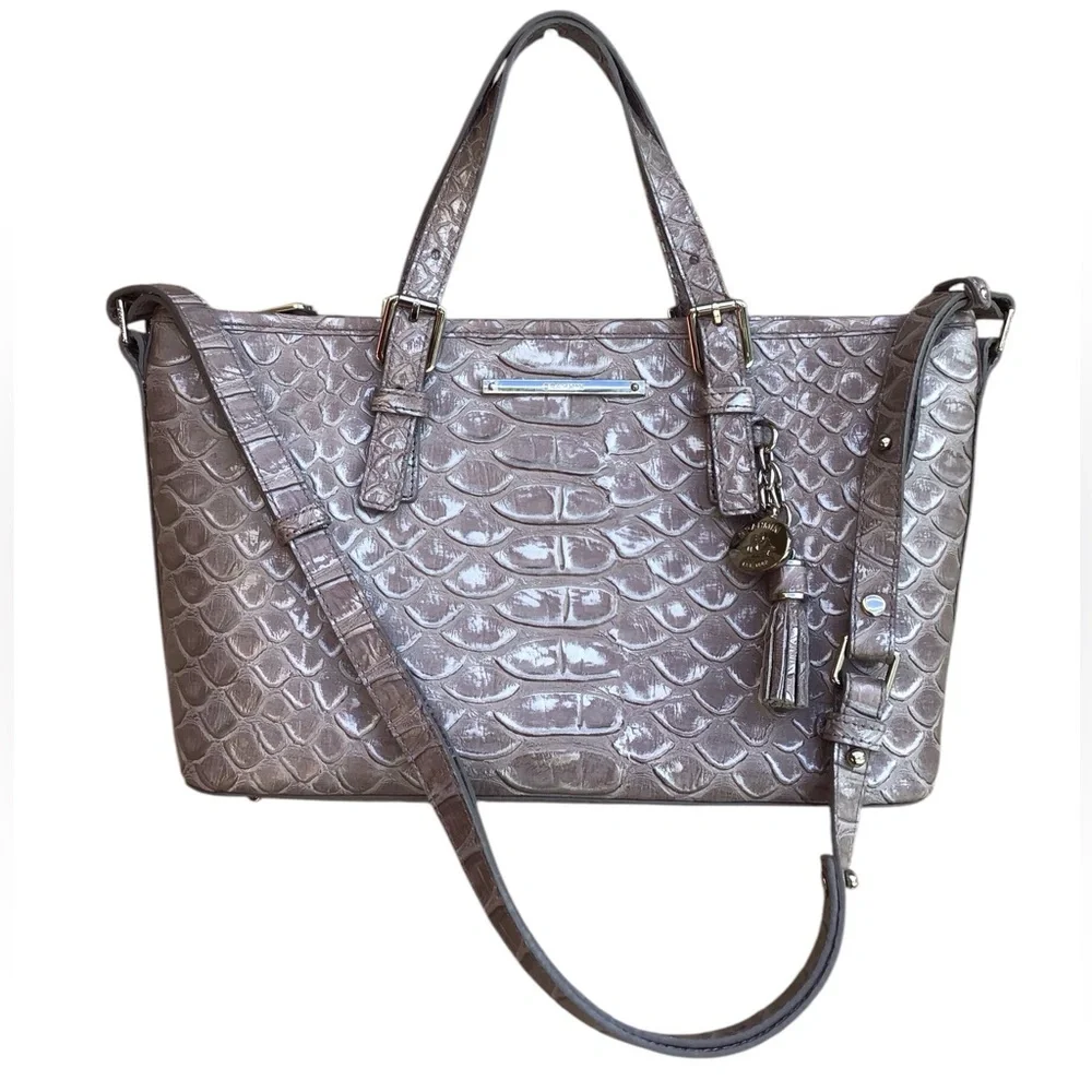Brahmin Melbourne Mini Asher Satchel Bag in Gray Crocodile Embossed Leather
